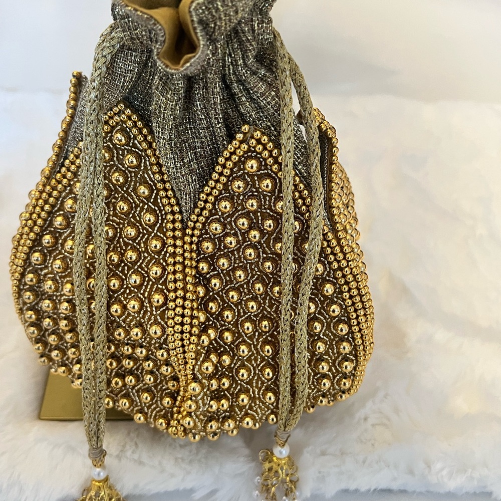 RAMLA Gold Beaded Drawstring Evening Bag Pearl Handle Clutch Purse - Picture 6 of 14